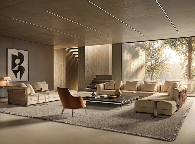 Beige woonkamer met trap en groot raam