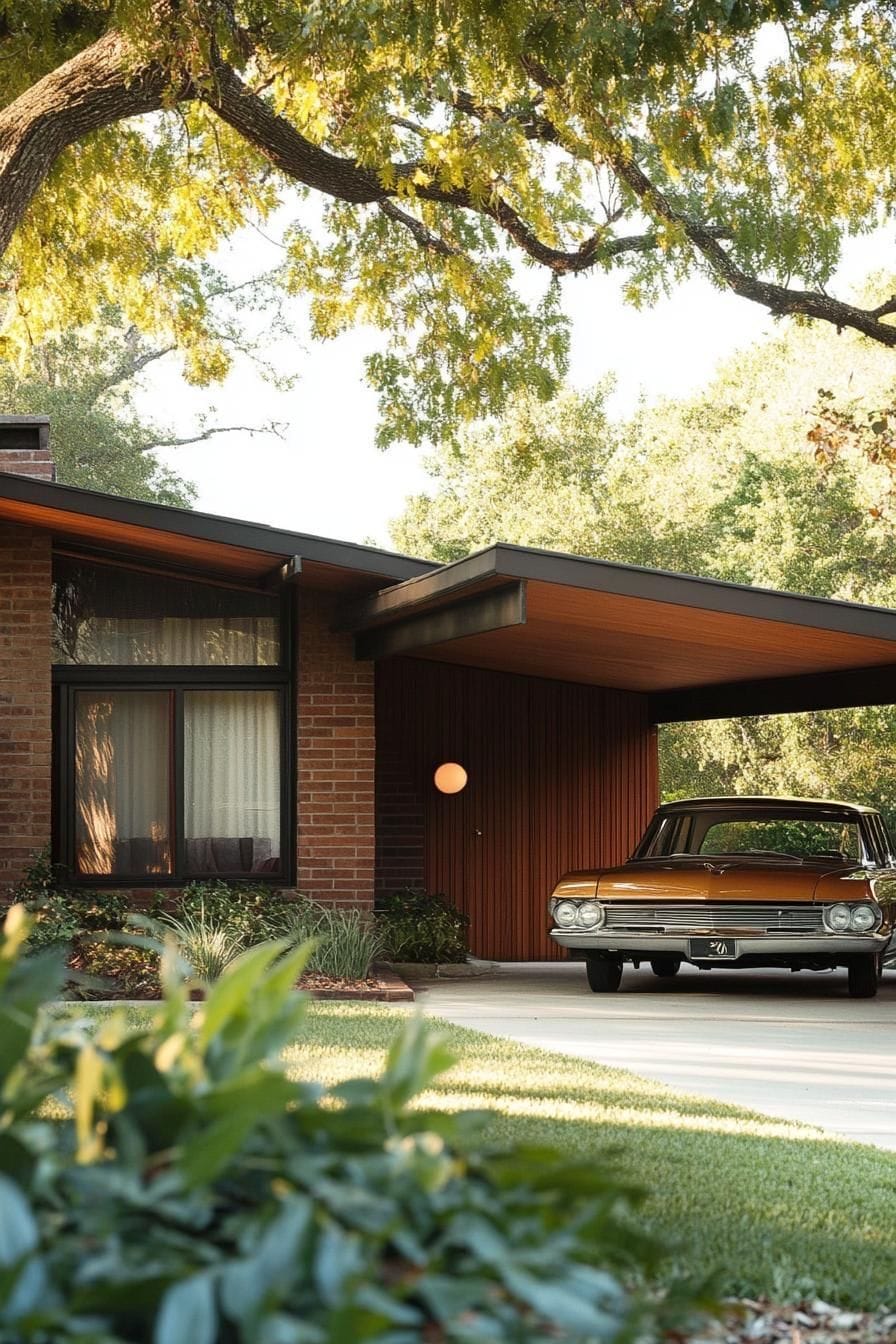 Bakstenen woning met carport en klassieke auto in avondlicht