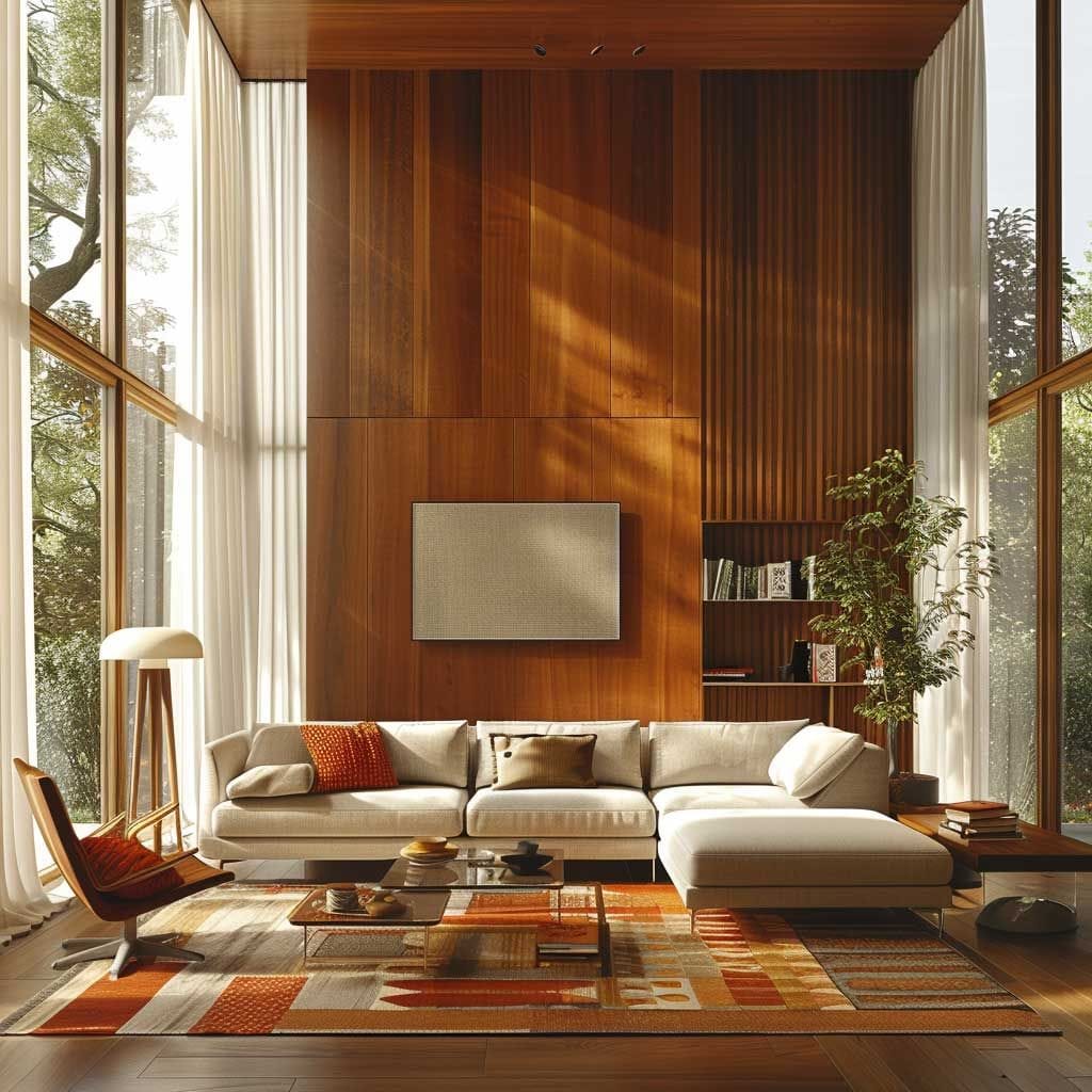 Woonkamer met houten wand in warm avondlicht