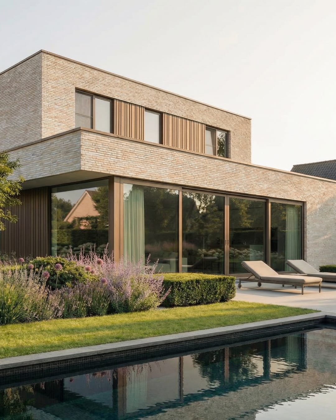Moderne woning met zwembad in avondlicht