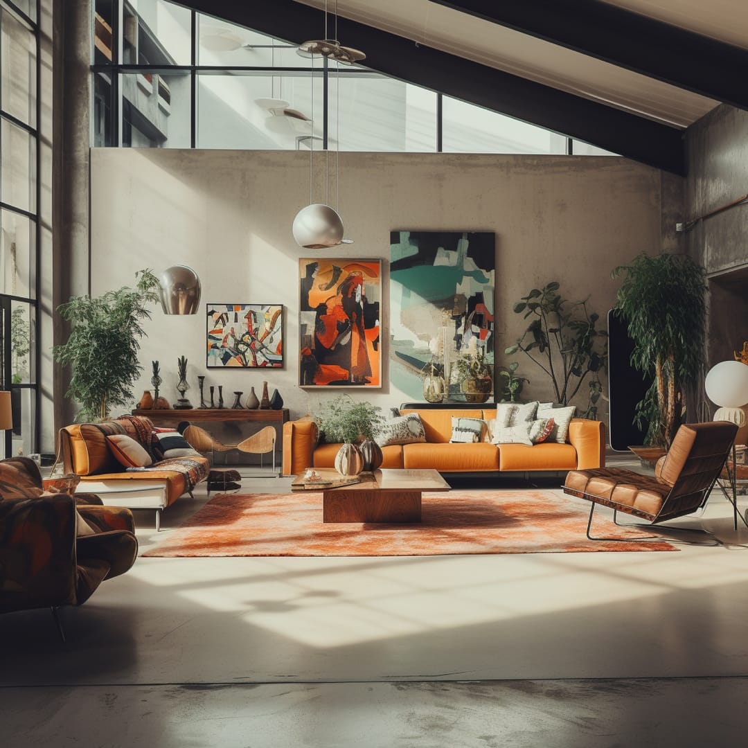 Loft met okergele bank, kleurrijke kunst en veel daglicht
