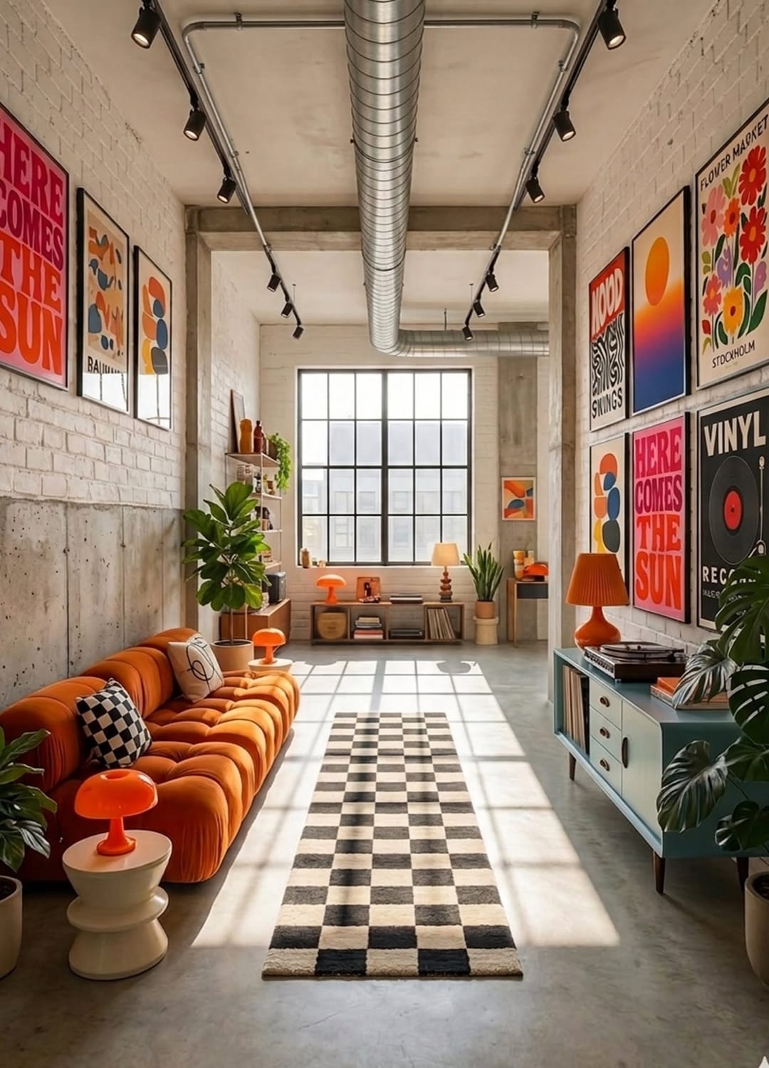 Loft met oranje bank, posters en dambordloper